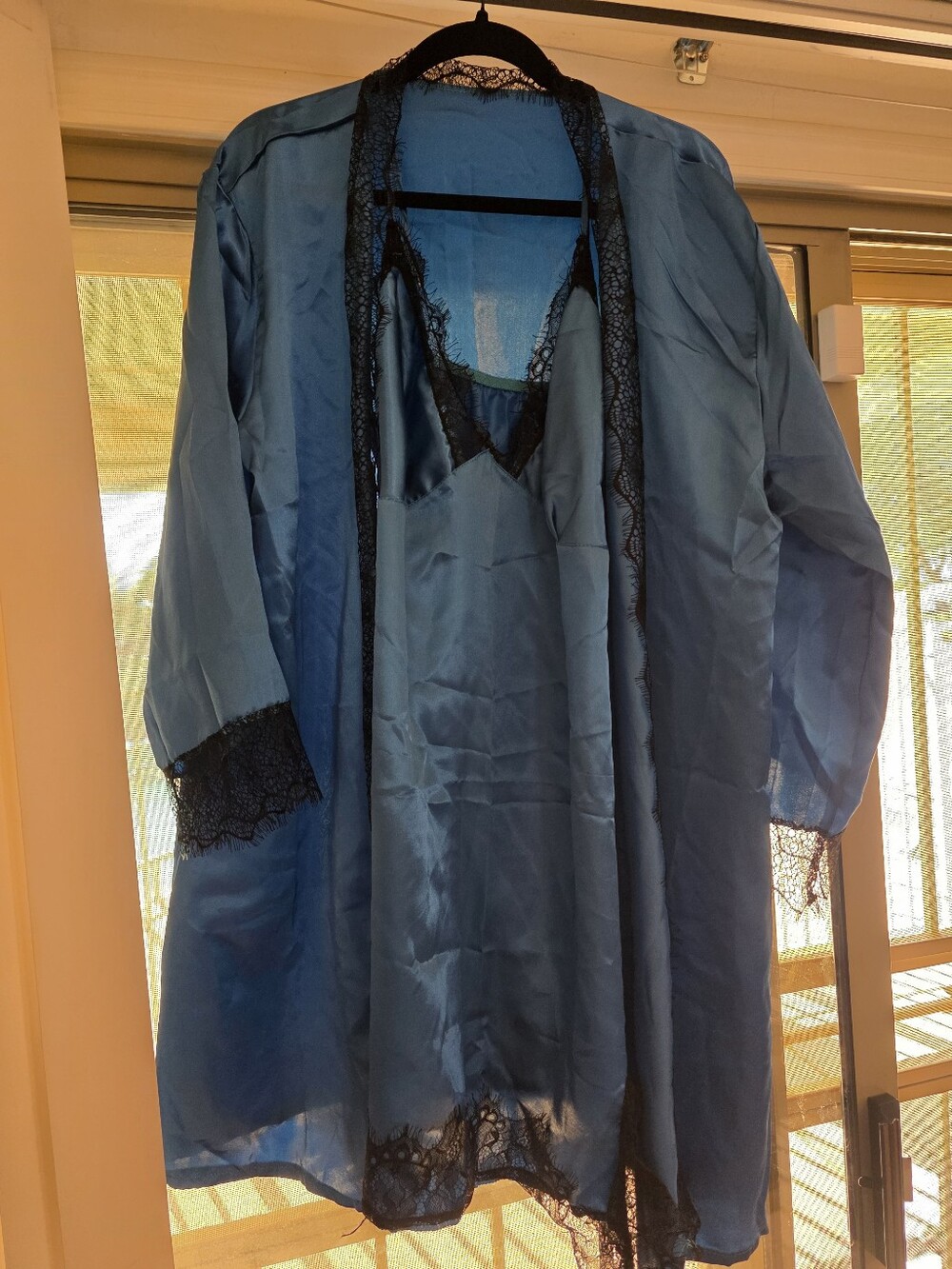 Blue Satin Lace-Trim Robe & Chemise Set - Women's Intimates